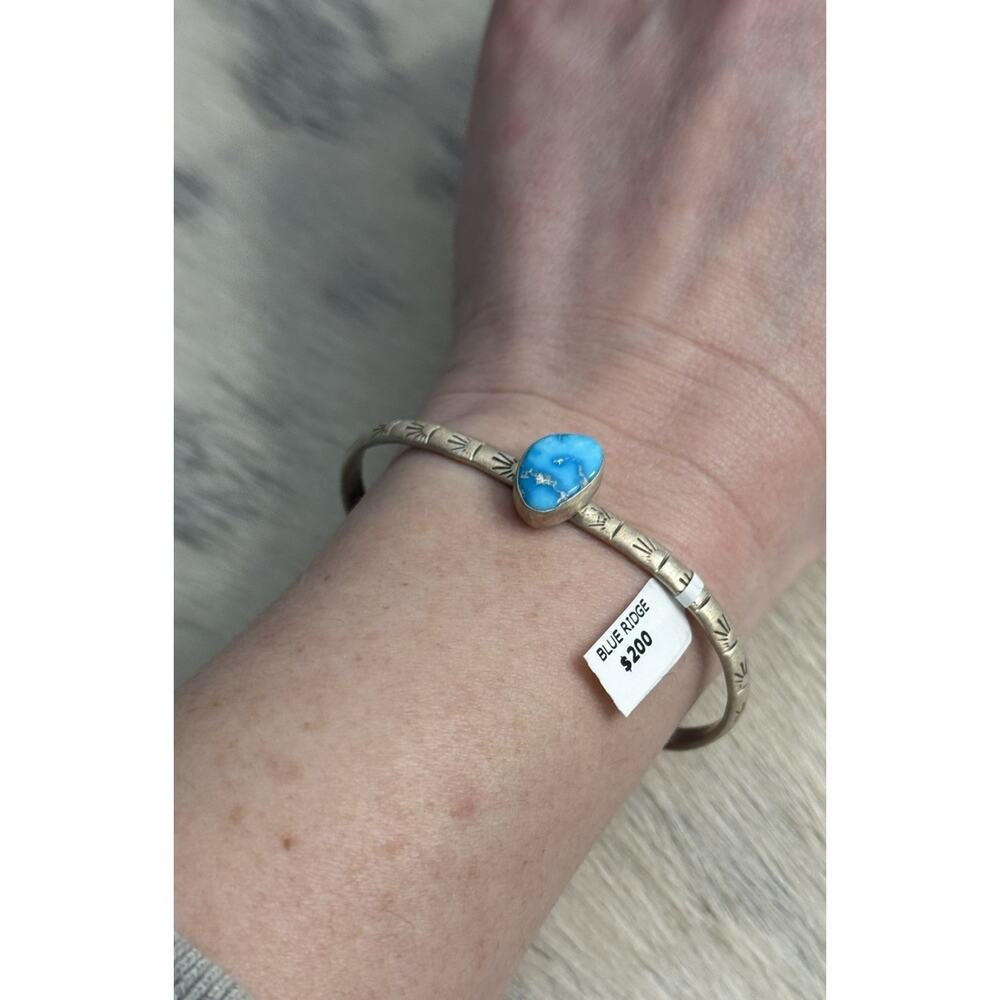 Sterling Silver Blue Ridge Turquoise Stamped Cuff Bracelet Stacker Single Stone - Picture 2 of 16